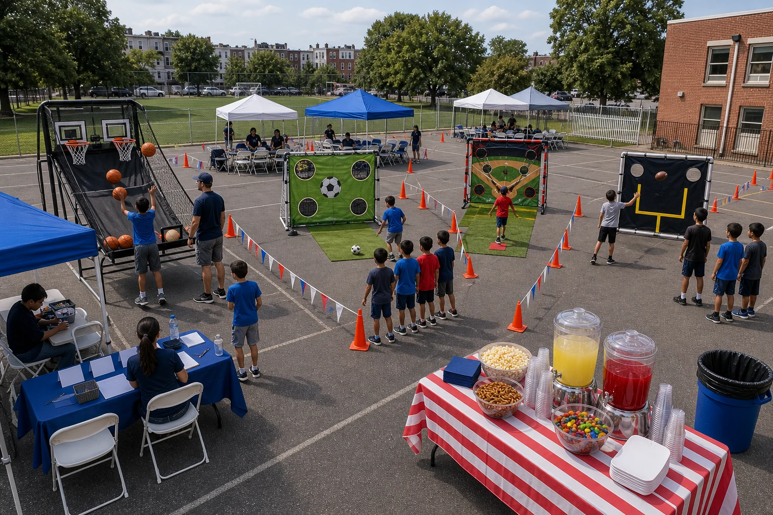 For event planning, sports team party rotation layout with basketball, soccer, baseball, football, check-in, snack table, and cone-marked paths