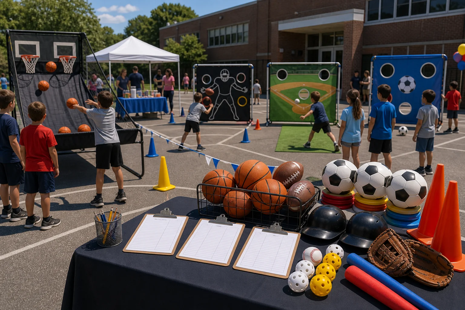 In practical terms, sports challenge game feature with basketball toss, football target, soccer balls, baseball pitch target, cones, and blank scorecards