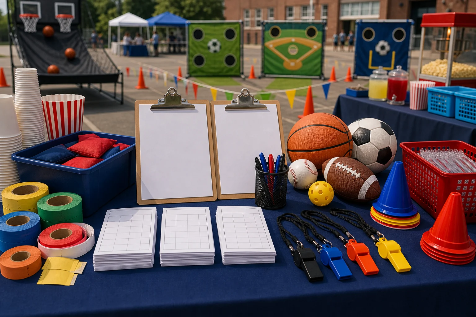 From a host’s point of view, sports team party supplies with blank scorecards, wristbands, cones, balls, beanbags, clipboards, and snack cups