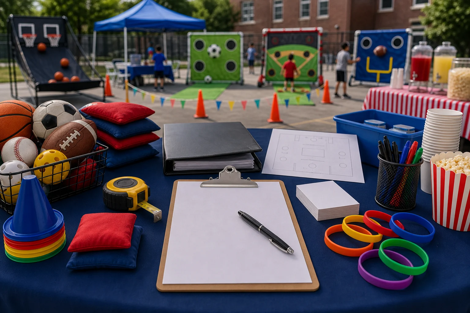 For event planning, sports team party quote planning materials with blank checklist, station sketch, sports balls, wristbands, folder, and pen