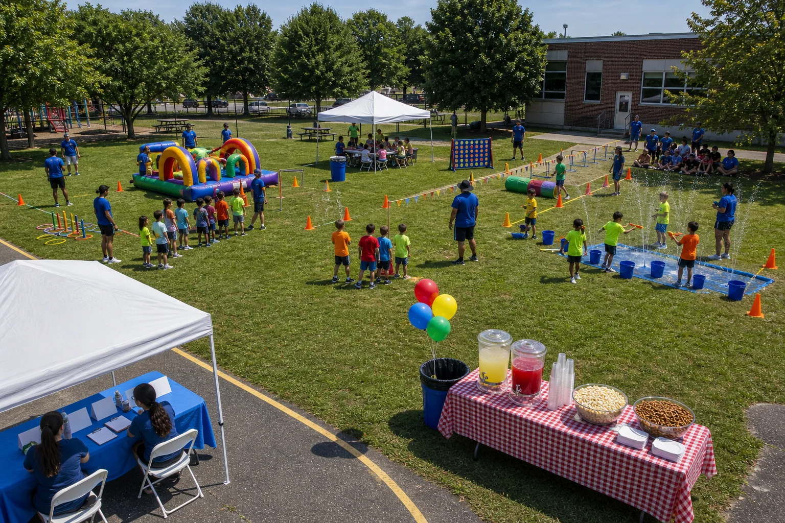 For event planning, summer camp event rotation layout with dry obstacle station, water game, cones, shaded seating, snack table, and walking lanes