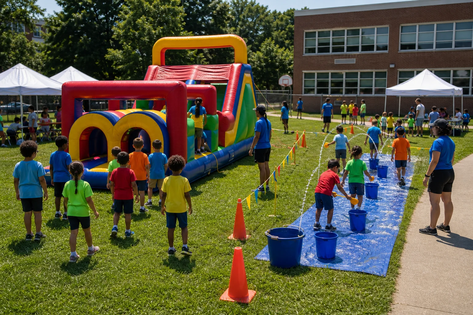 For event planning, summer camp obstacle activity and water game feature with cones, shade tent, counselor area, and safe dry walking lane