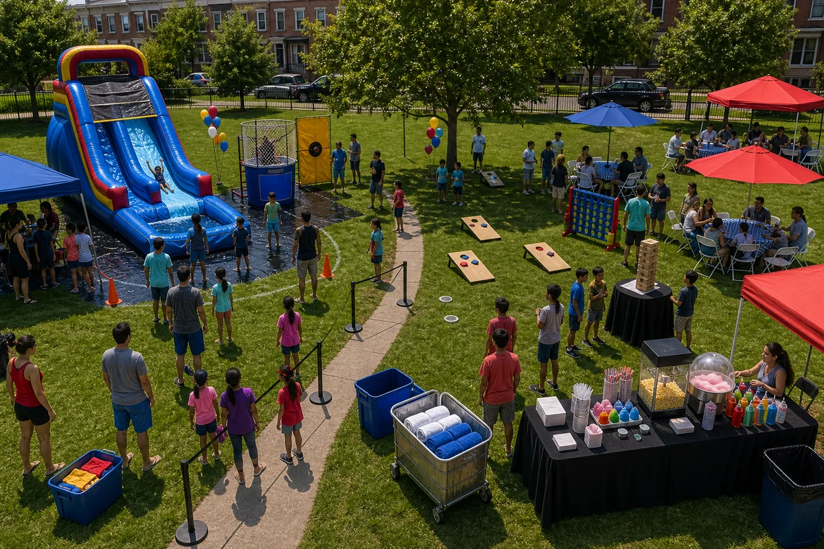 In practical terms, summer party rental layout with water slide, dunk tank, dry games, shade, and concessions