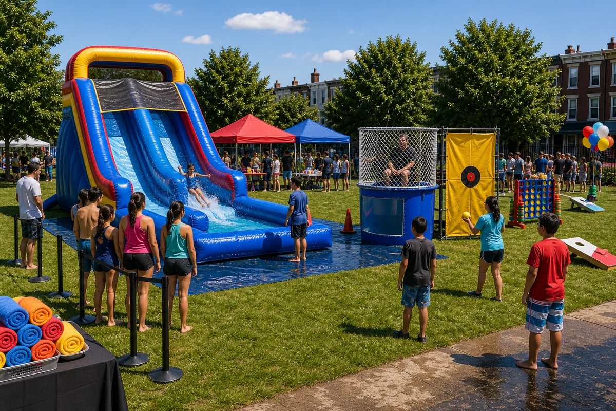 In practical terms, water slide and dunk tank summer party rental attraction in Philadelphia