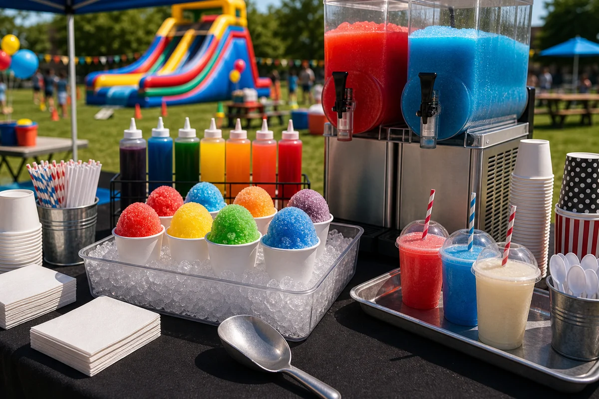 In practical terms, snow cone and frozen drink concession detail for a Philadelphia summer party