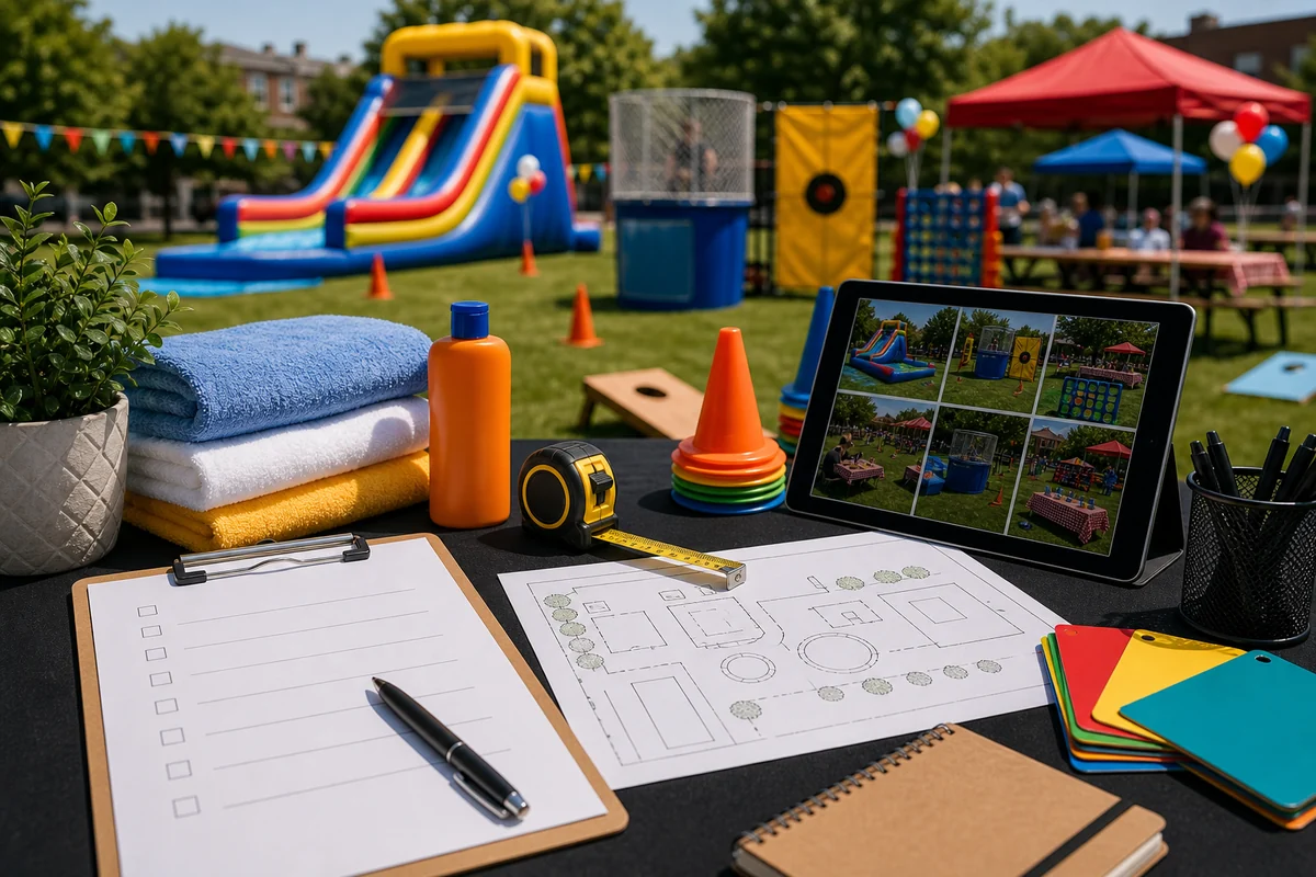 From a host’s point of view, summer party rental quote checklist with water slide, dunk tank, and outdoor game planning materials