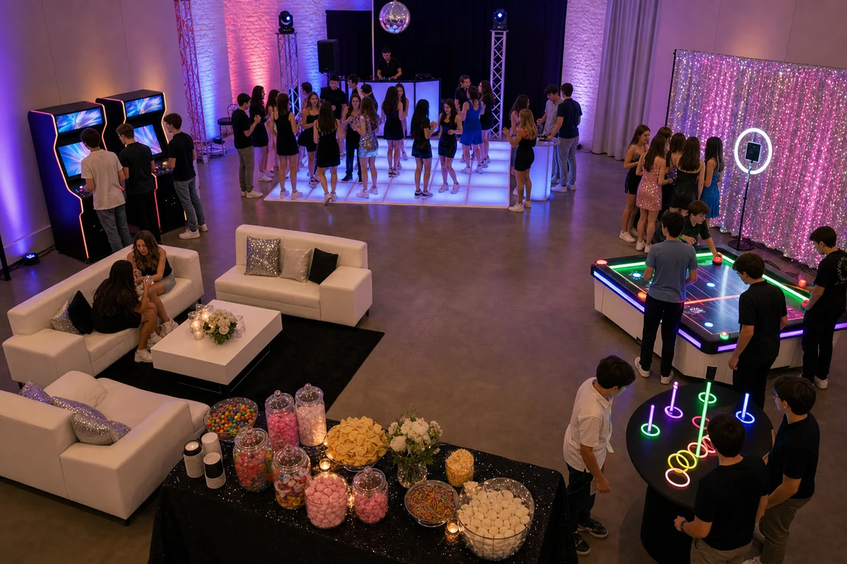 From a host’s point of view, sweet sixteen party layout with dance floor, arcade zone, LED photo booth, glow games, snack station, and lounge seating