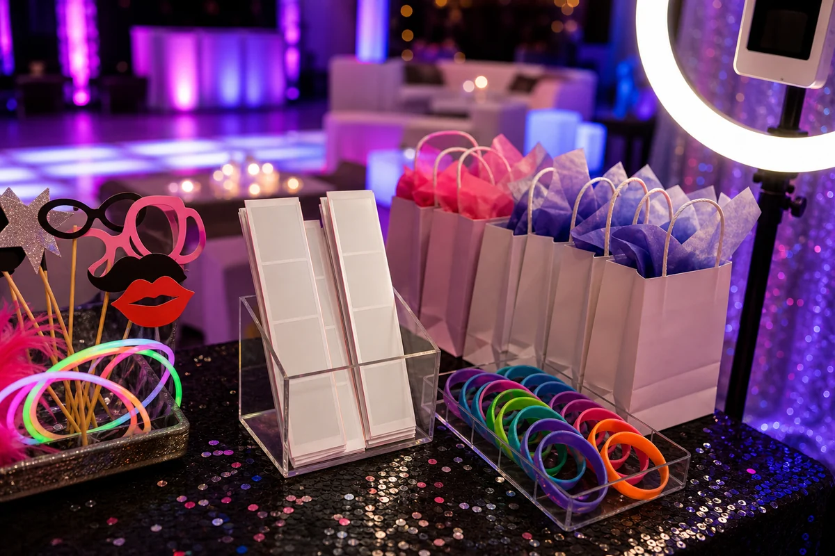 For event planning, sweet sixteen photo booth favor detail with blank photo cards, glow props, bracelets, and party favors