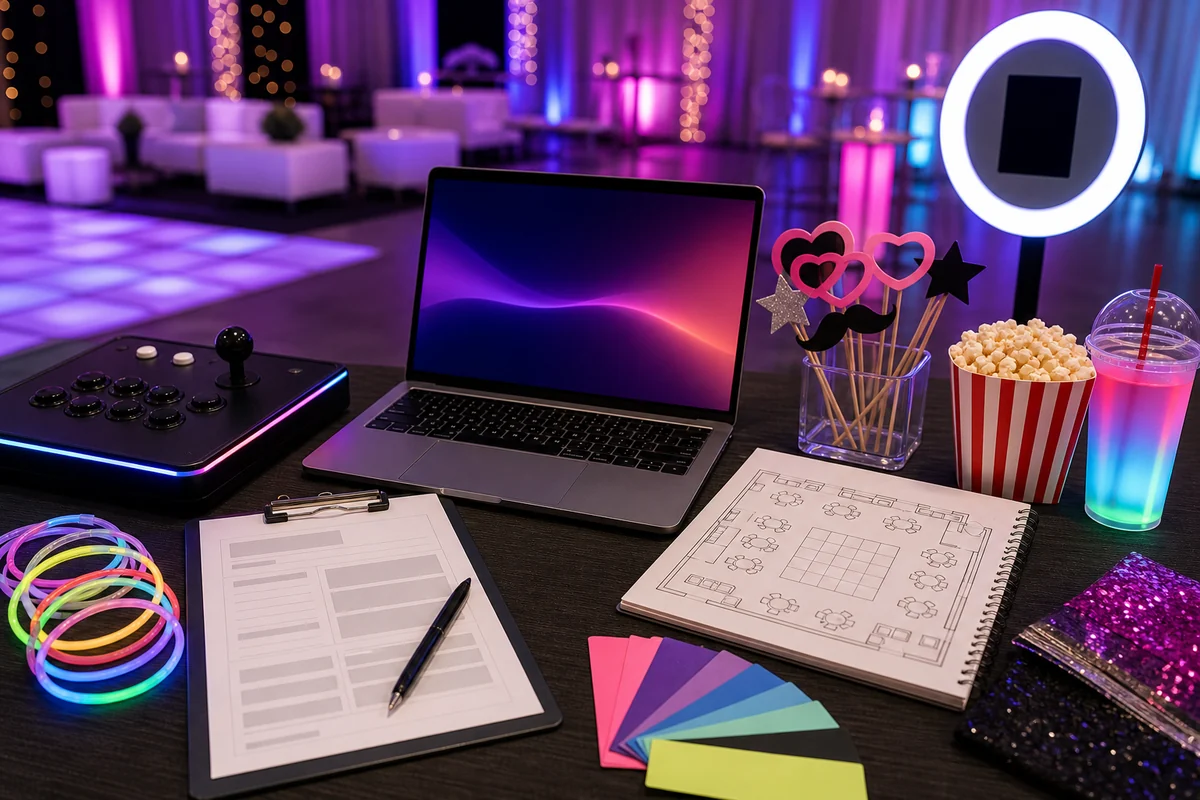 For event planning, sweet sixteen rental quote checklist with photo booth, arcade, glow game, layout, and party planning materials