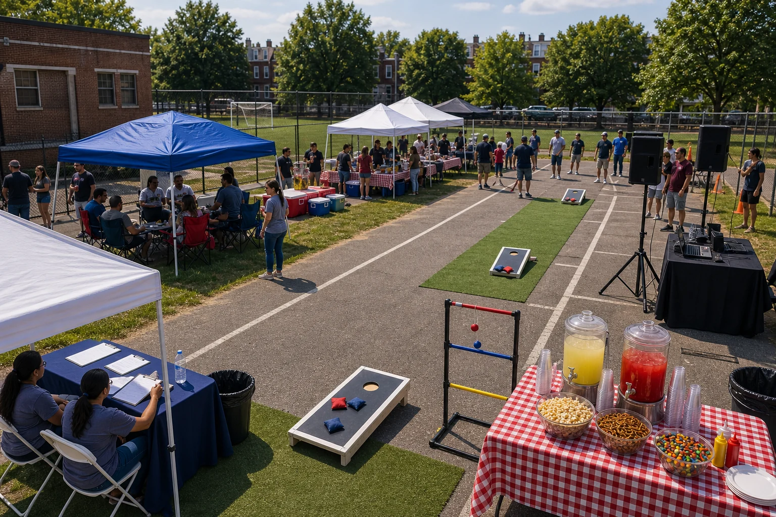 From a host’s point of view, tailgate party layout with cornhole lane, ladder toss, food table, seating, PA speaker, check-in table, and walking paths