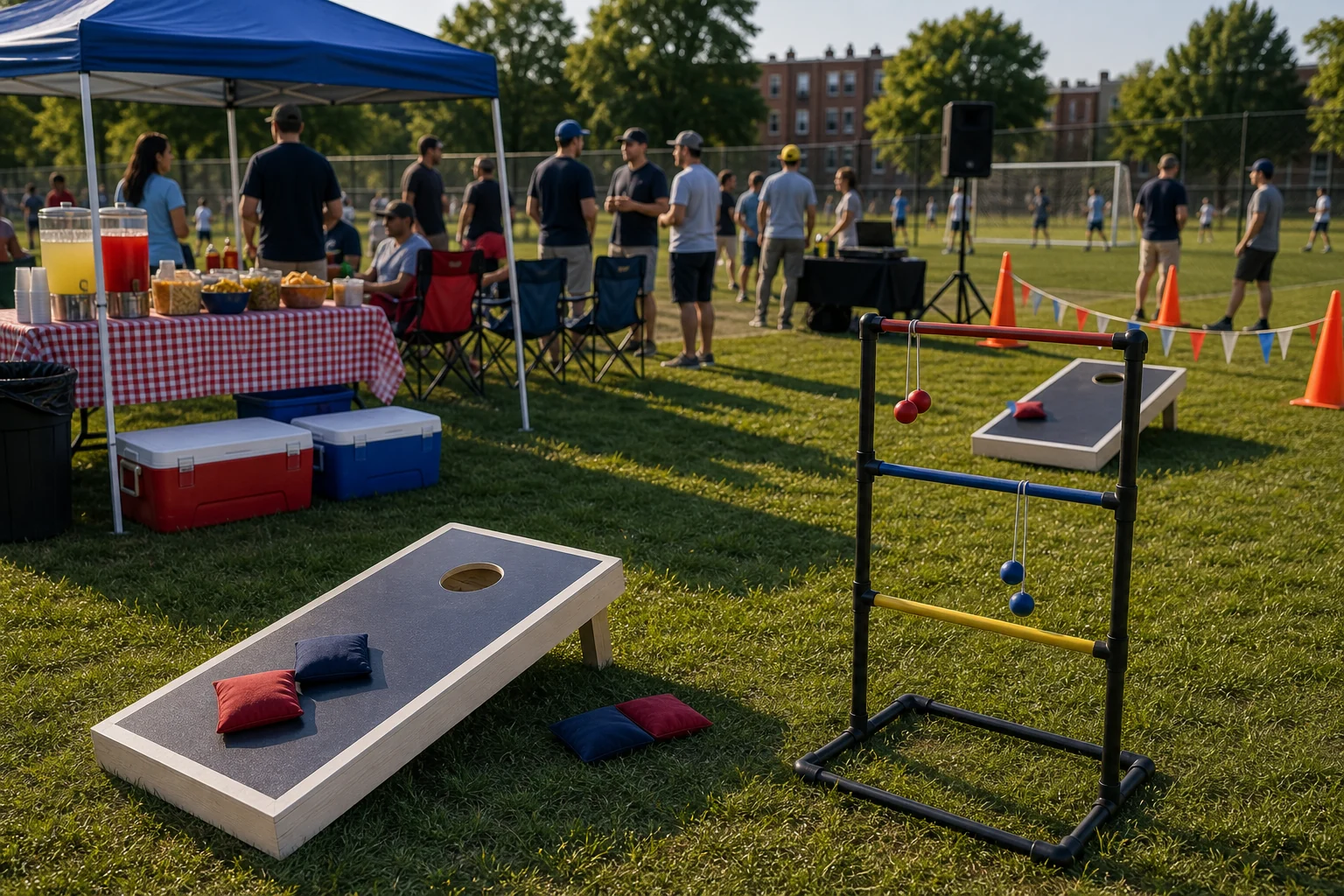 For event planning, tailgate party feature with cornhole boards, ladder toss, beanbags, snack station, folding chairs, and PA speaker