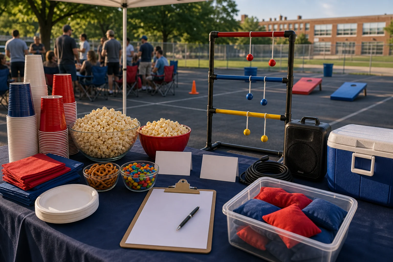 For event planning, tailgate snack and game materials with plain cups, popcorn bowls, beanbags, ladder toss pieces, cooler, coiled cable, and blank cards