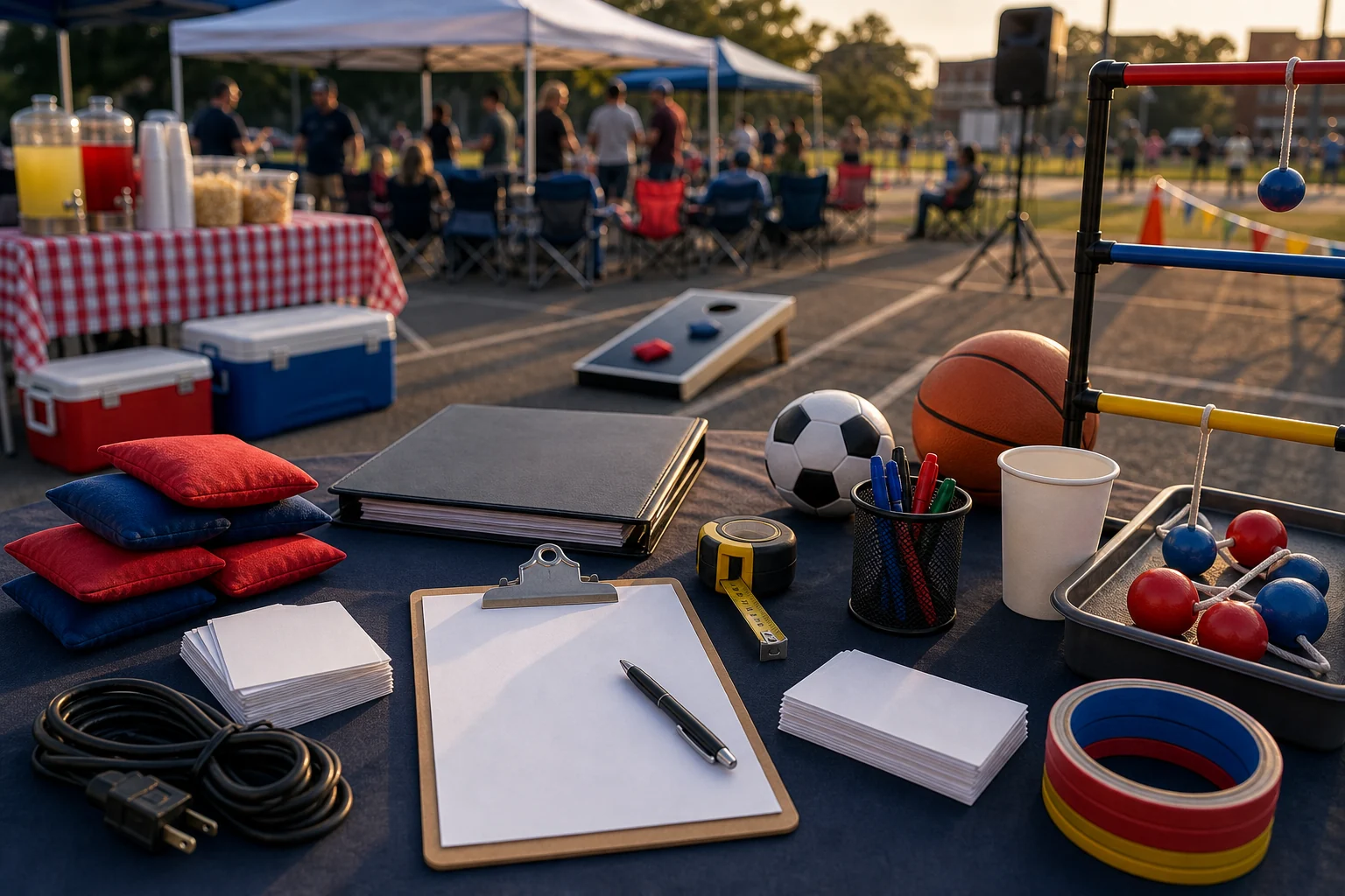 For event planning, tailgate quote planning materials with blank checklist, layout sketch, beanbags, ladder toss pieces, coiled cable, folder, and pen