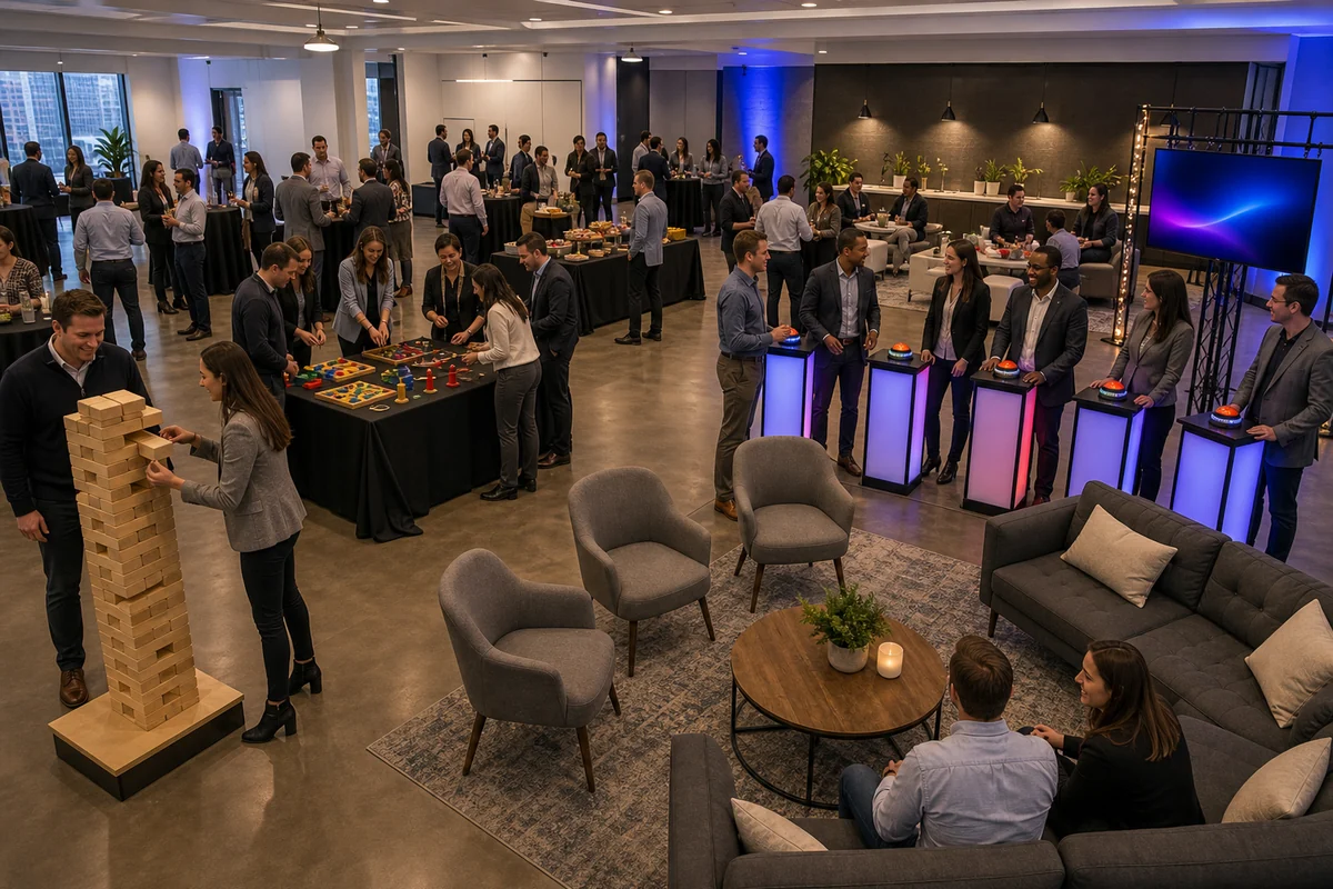 From a host’s point of view, corporate team-building layout with interactive games, giant games, game show stations, lounge seating, and walking lanes