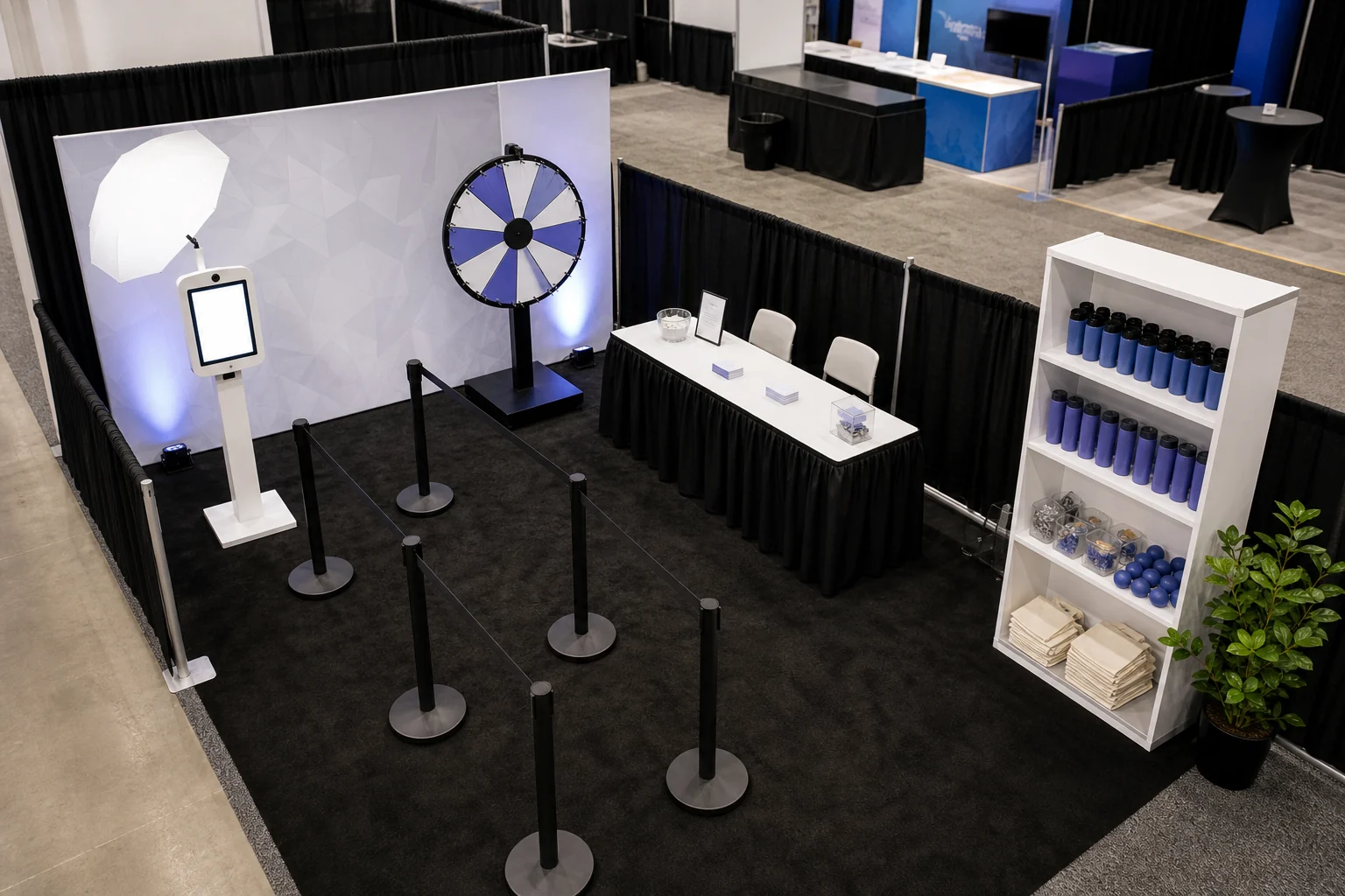 For event planning, trade show booth footprint with queue, activation area, staff table, prize display, and open traffic lane