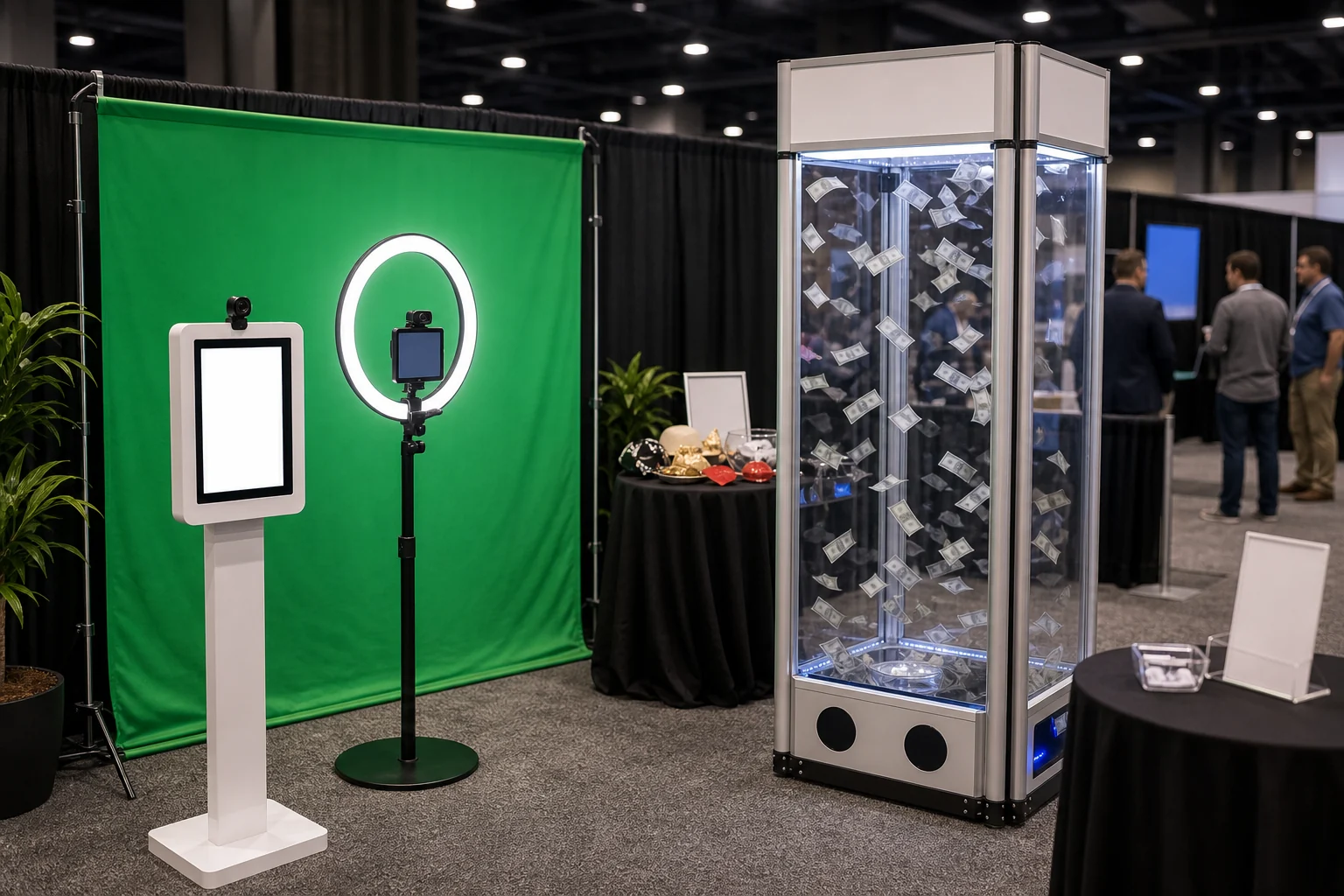 In practical terms, trade show booth activation with blank green screen photo setup, ring light, kiosk, and prize attraction