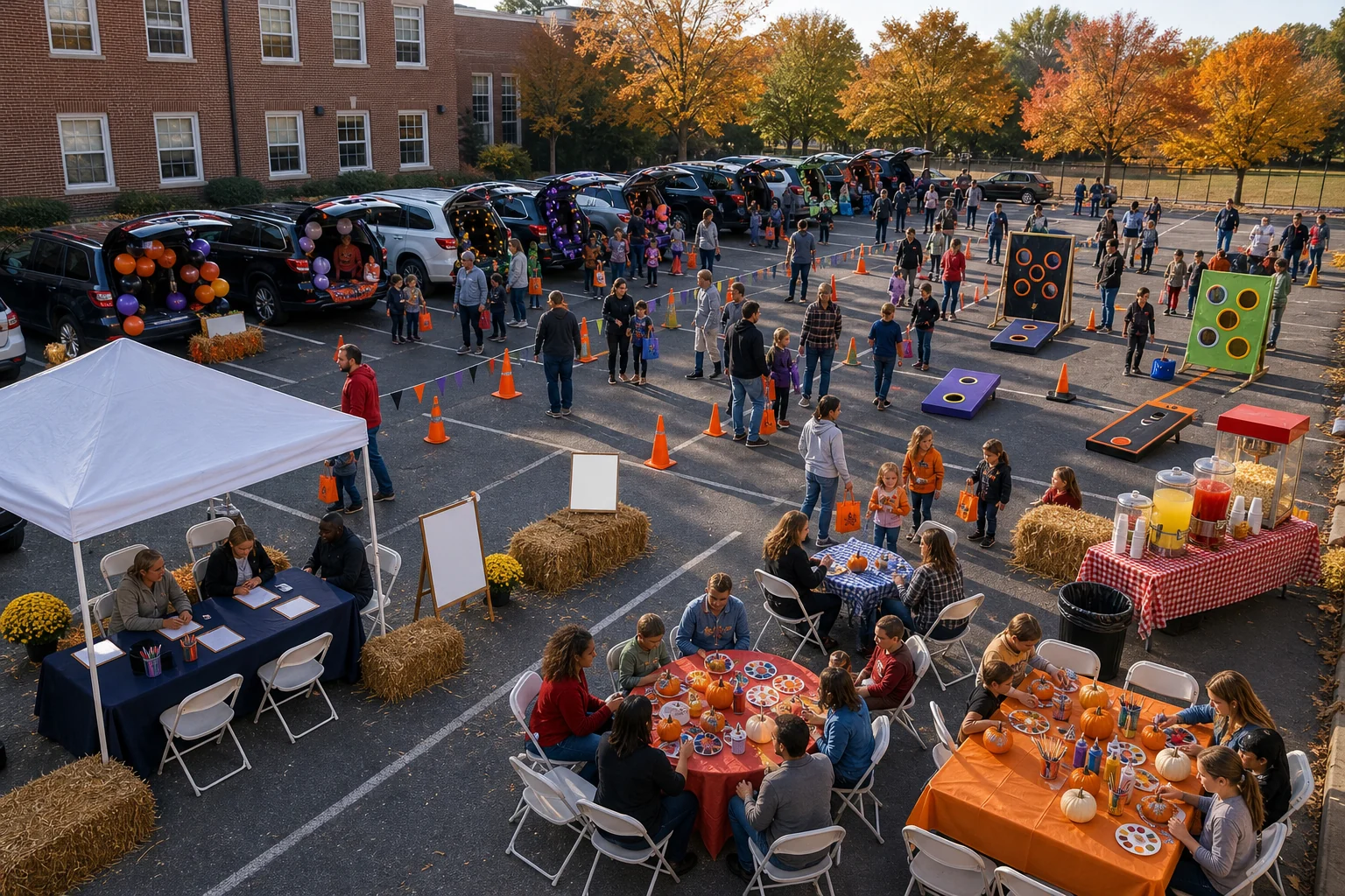 From a host’s point of view, trunk-or-treat parking lot layout with decorated trunks, candy area, games, crafts, snacks, seating, check-in, and cones