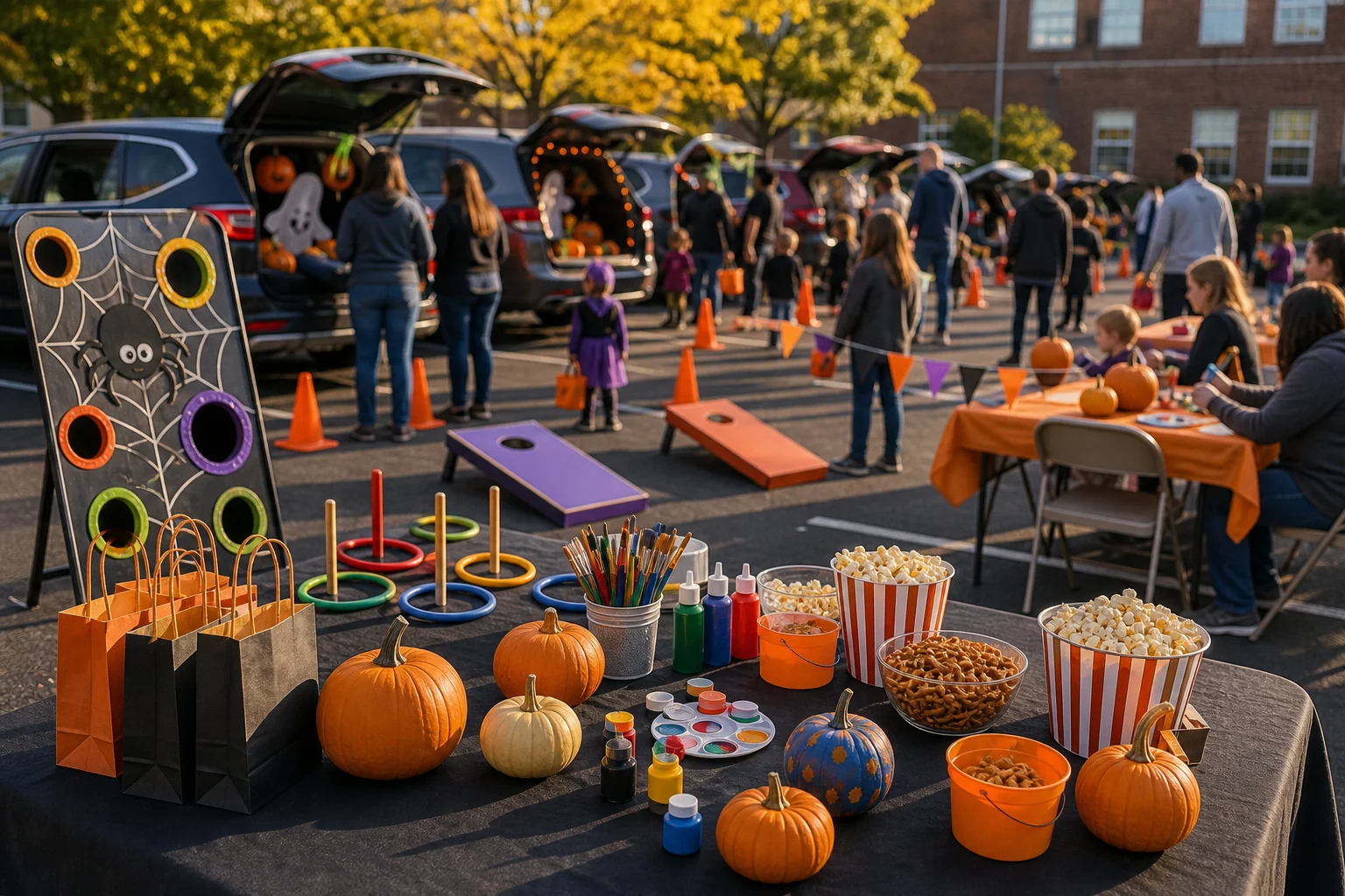 From a host’s point of view, trunk-or-treat feature with blank treat bags, pumpkin craft table, simple game station, cones, and autumn decorations