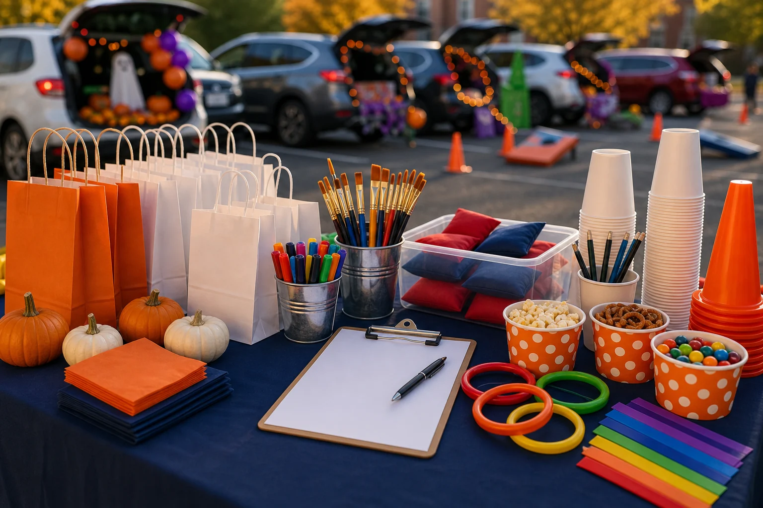 For event planning, trunk-or-treat supplies with blank treat bags, craft items, game pieces, snack cups, wristbands, cones, and blank clipboard