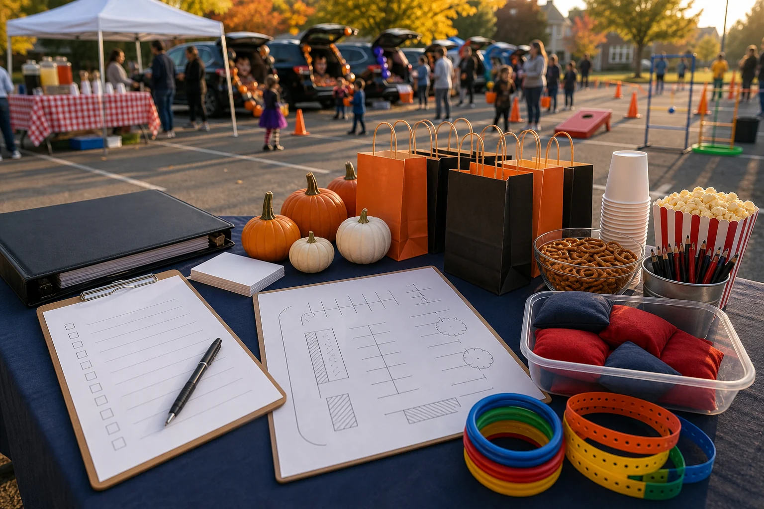 In practical terms, trunk-or-treat quote planning materials with blank checklist, parking lot sketch, treat bags, cones, game rings, pumpkins, and pen