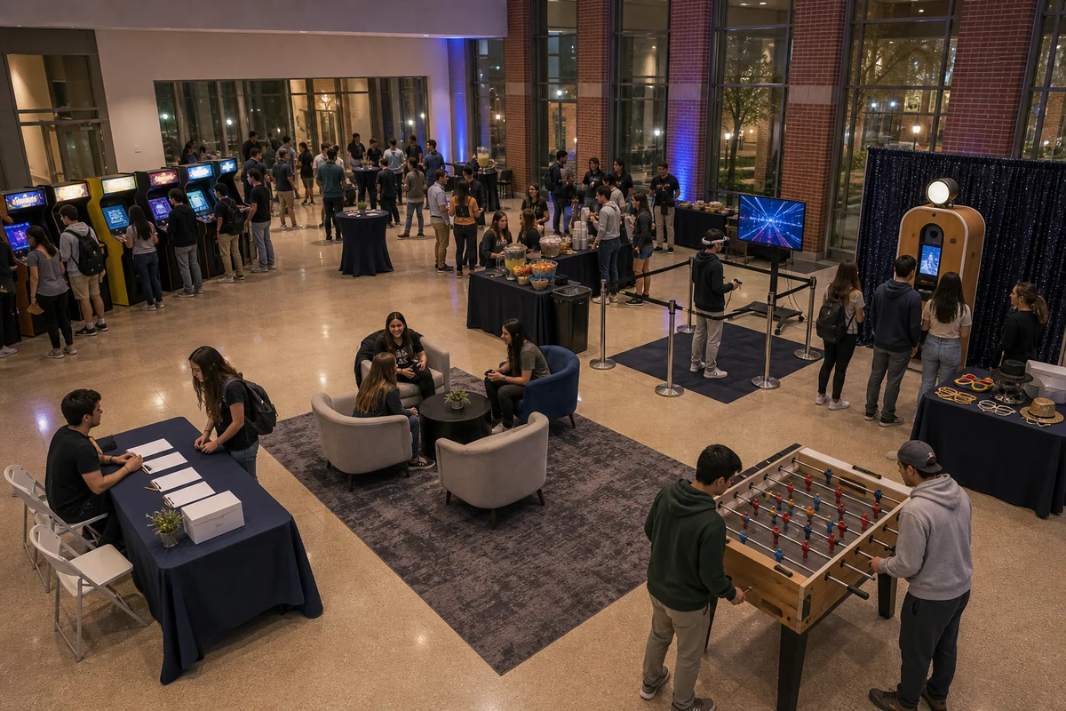 From a host’s point of view, university City campus event layout with arcade zone, VR station, photo booth corner, snack table, seating cluster, check-in table, and clear walking lanes