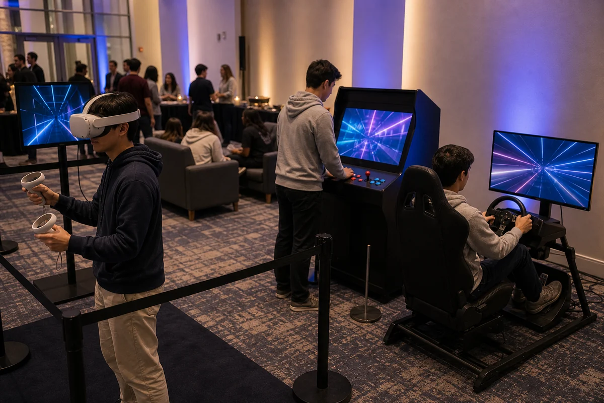 From a host’s point of view, university City event feature with VR headset station, unbranded arcade controller station, racing simulator, and abstract screens