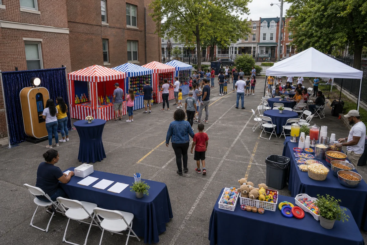 In practical terms, west Philadelphia schoolyard or community lot layout with carnival game booths, photo booth corner, concession table, volunteer table, seating, and walking paths