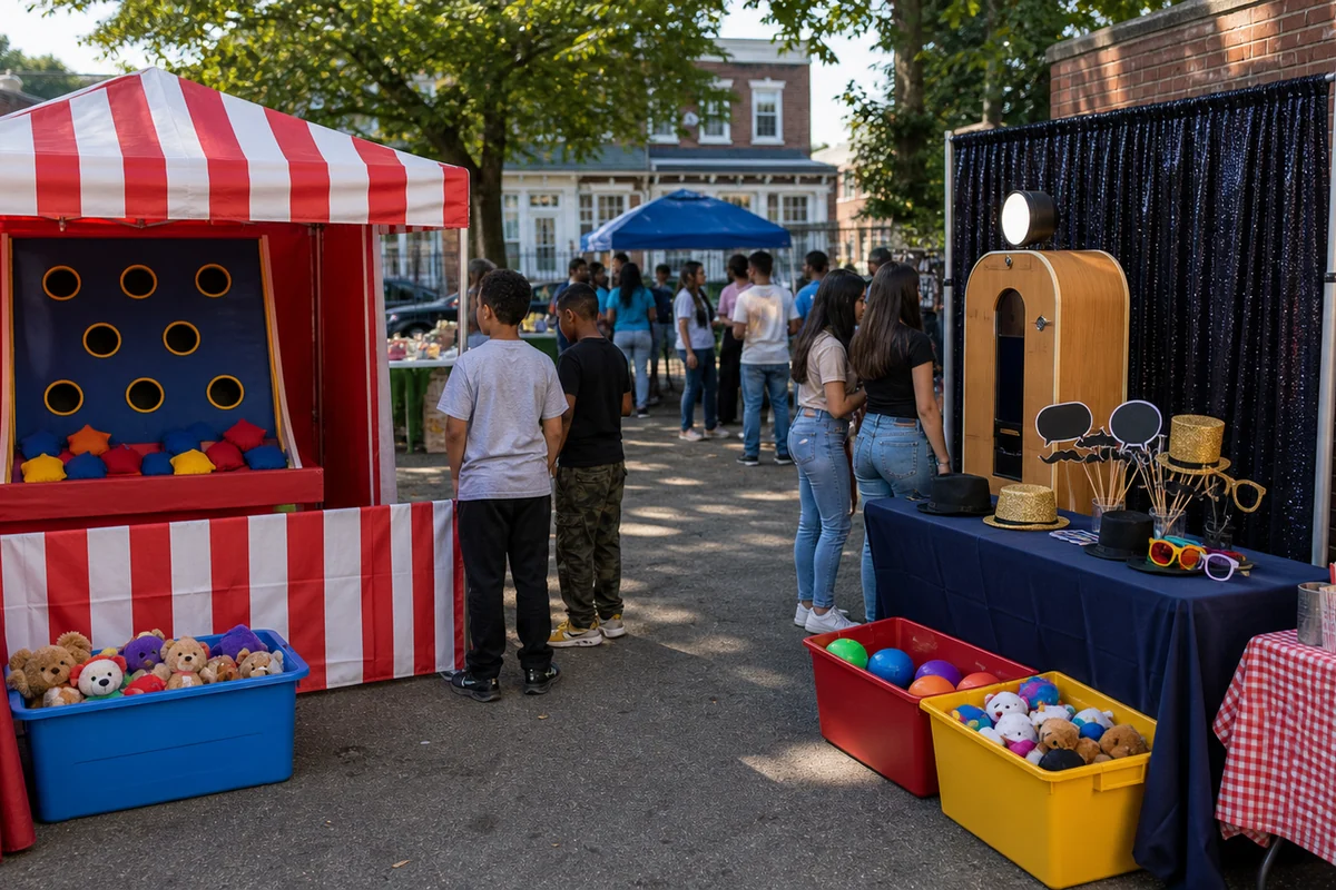 In practical terms, west Philadelphia community event feature with carnival booth, blank photo booth props, prize bins, snack table, and distant guests