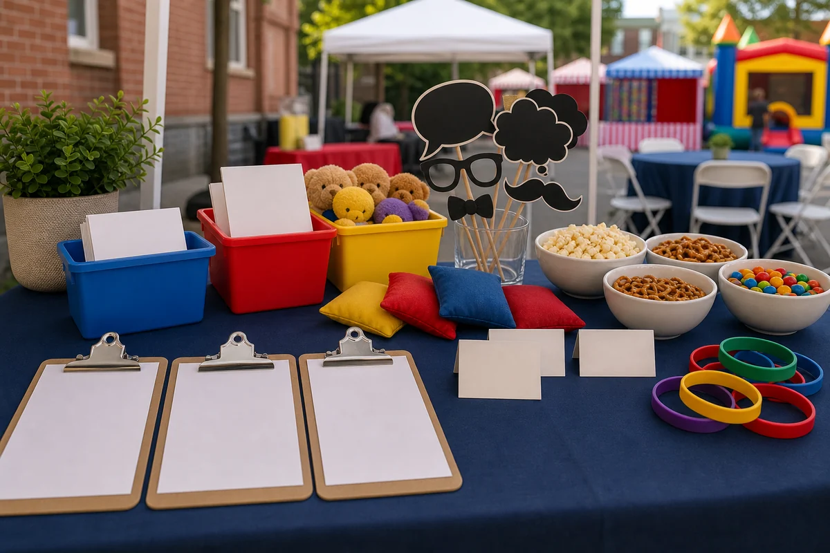 In practical terms, west Philadelphia volunteer table detail with blank clipboards, station cards, wristbands, beanbags, photo props, snack bowls, and colored bins