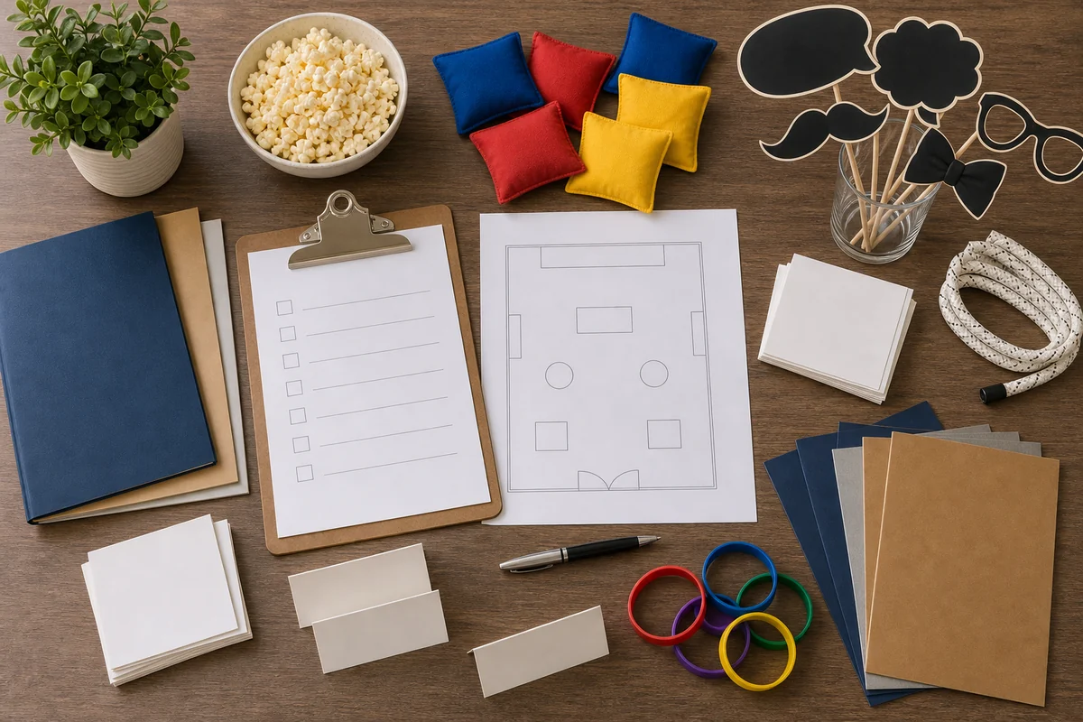 In practical terms, west Philadelphia community event quote planning materials with blank checklist, layout sketch, volunteer cards, wristbands, props, folders, and game pieces