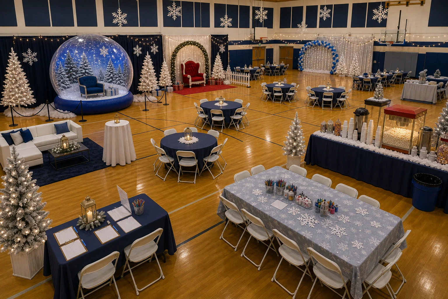 From a host’s point of view, winter festival layout with snow globe photo area, Santa photo corner, craft tables, warm snack station, seating, and clear paths