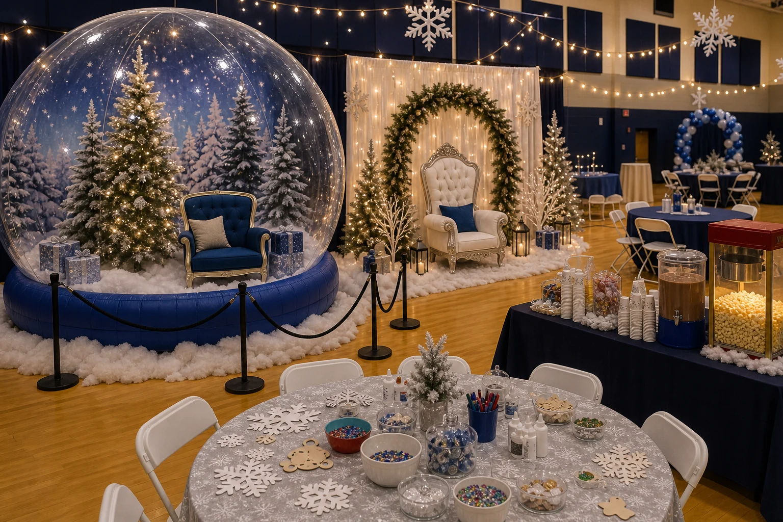 For event planning, winter festival feature with snow globe photo area, Santa-style photo chair, craft table, popcorn, plain cups, and winter decorations