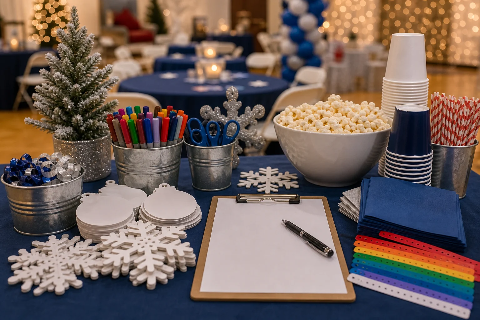 In practical terms, winter festival supplies with snowflake crafts, blank ornament cards, markers, plain cups, popcorn bowl, wristbands, and blank clipboard