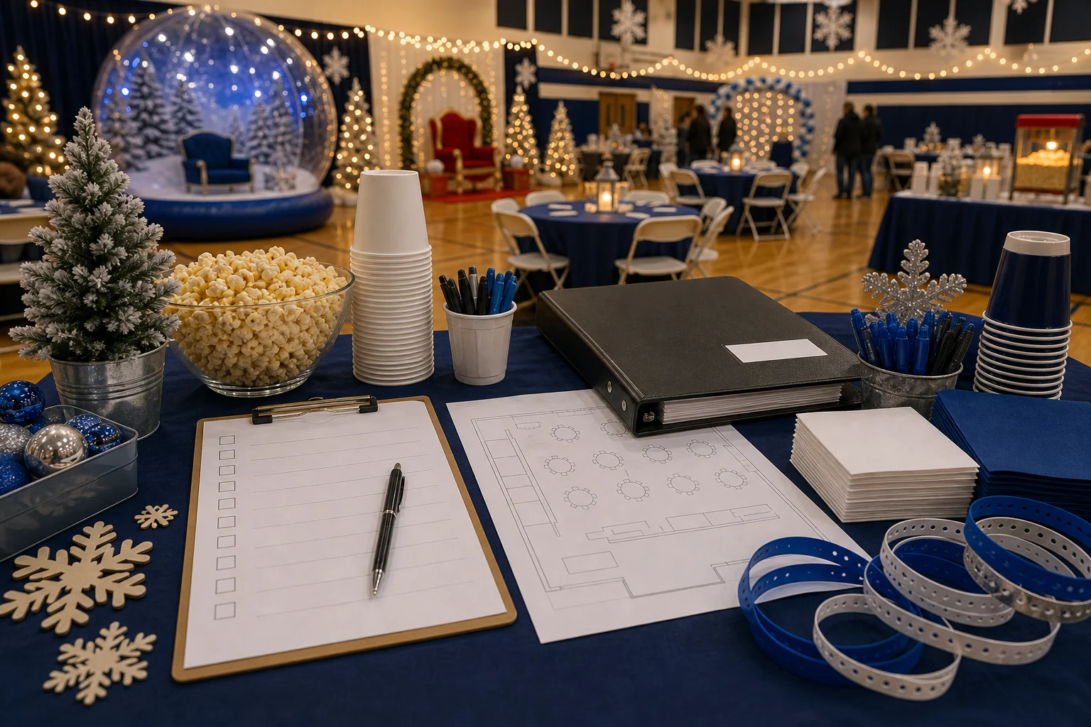 In practical terms, winter festival quote planning materials with blank checklist, room layout sketch, snowflake crafts, cups, popcorn, folder, and pen