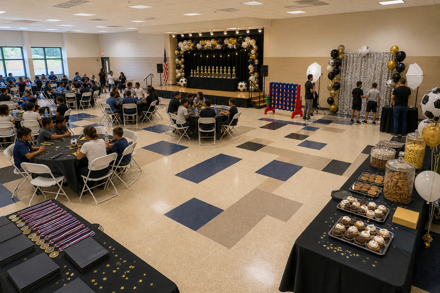 In practical terms, youth sports banquet layout with awards stage, photo booth, game station, food table, team seating, and parent paths