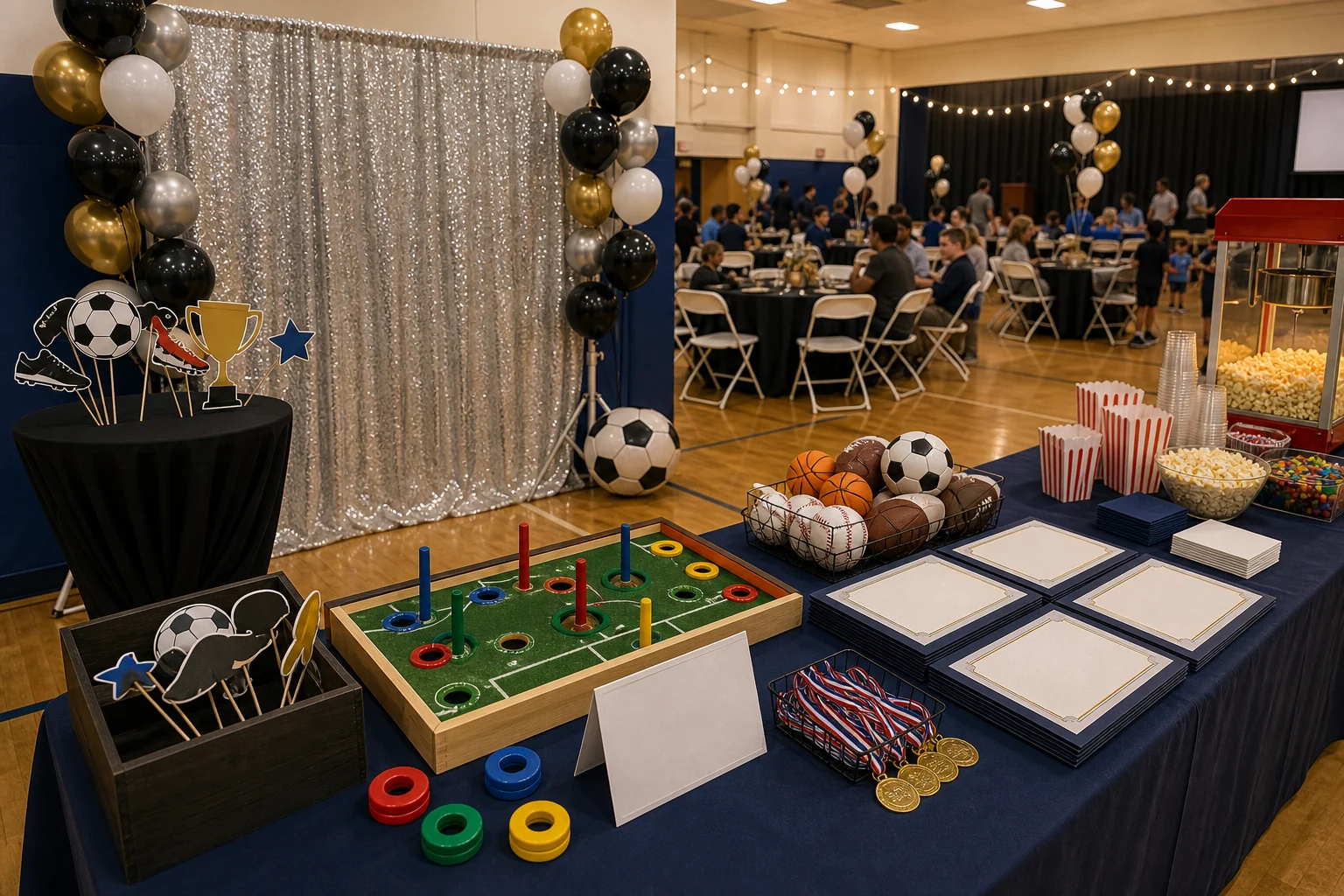 For event planning, youth sports banquet feature with unbranded photo booth, blank sports props, simple game station, and snack table