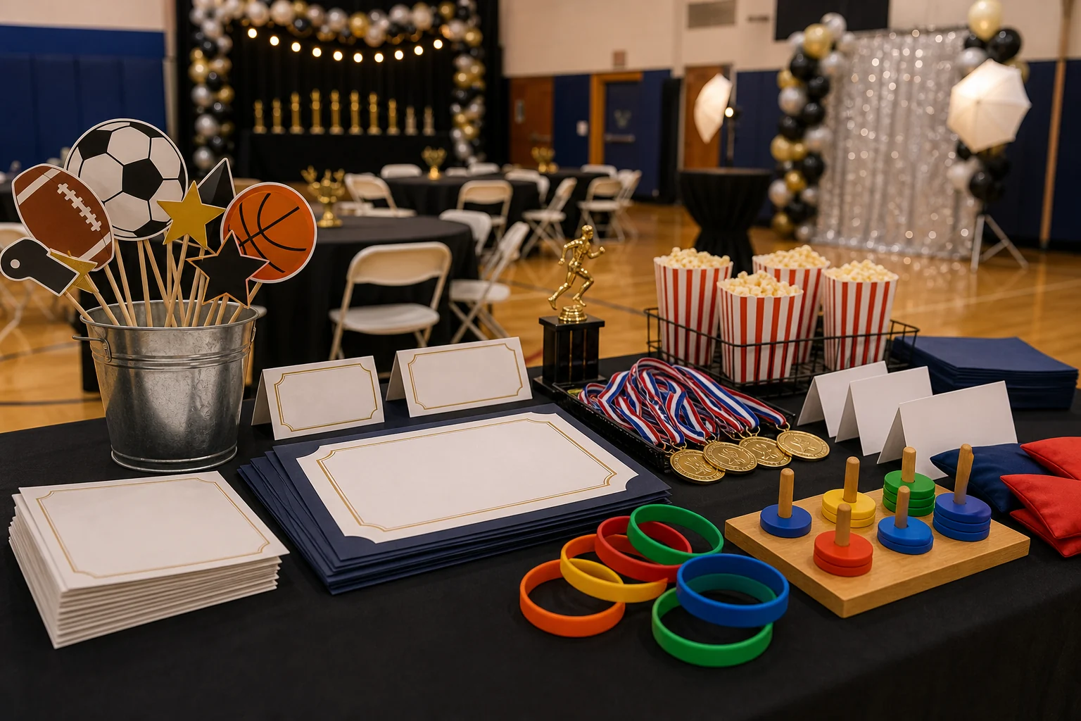 In practical terms, youth sports banquet detail with blank certificates, memory cards, sports props, wristbands, cups, and simple game materials