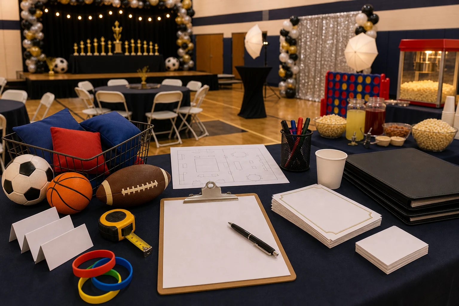 From a host’s point of view, youth sports banquet quote planning materials with blank checklist, room sketch, sports props, folder, pen, and snack cup