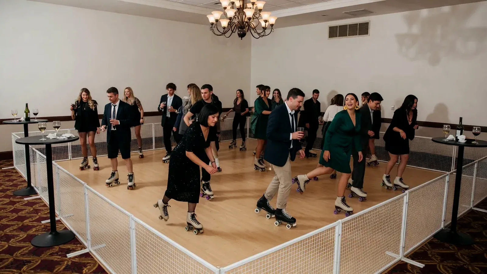 School campus portable roller rink activation with student skaters