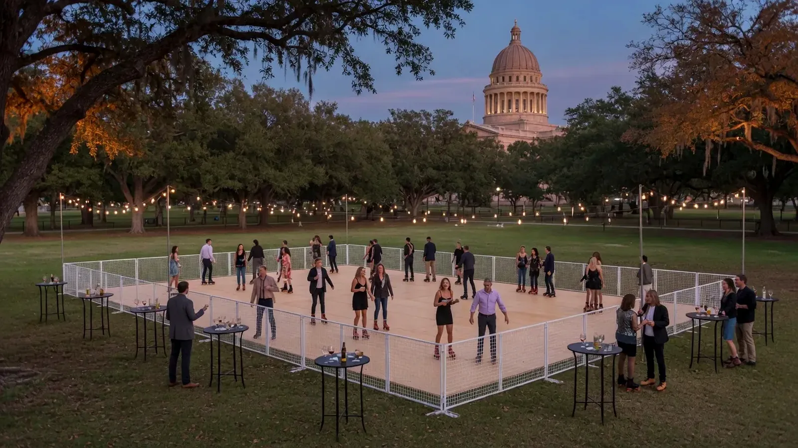 Festival portable roller rink surrounded by lights and guests