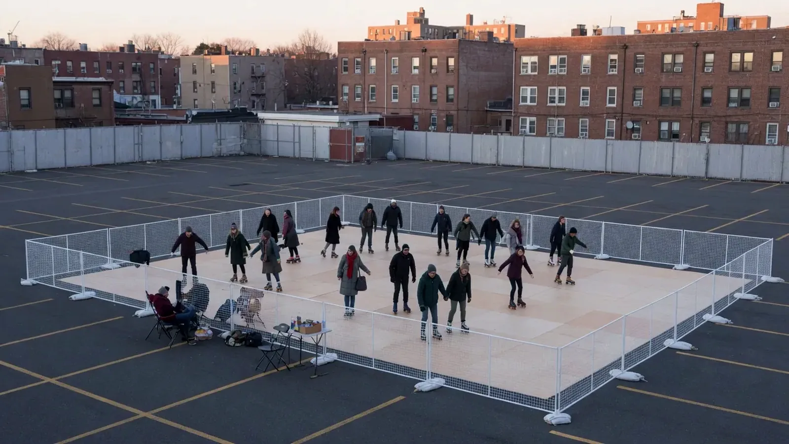 Holiday plaza portable roller rink with festive lighting and guests
