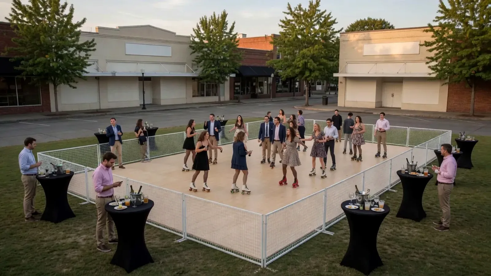 Outdoor portable roller rink set up at a plaza event with skaters