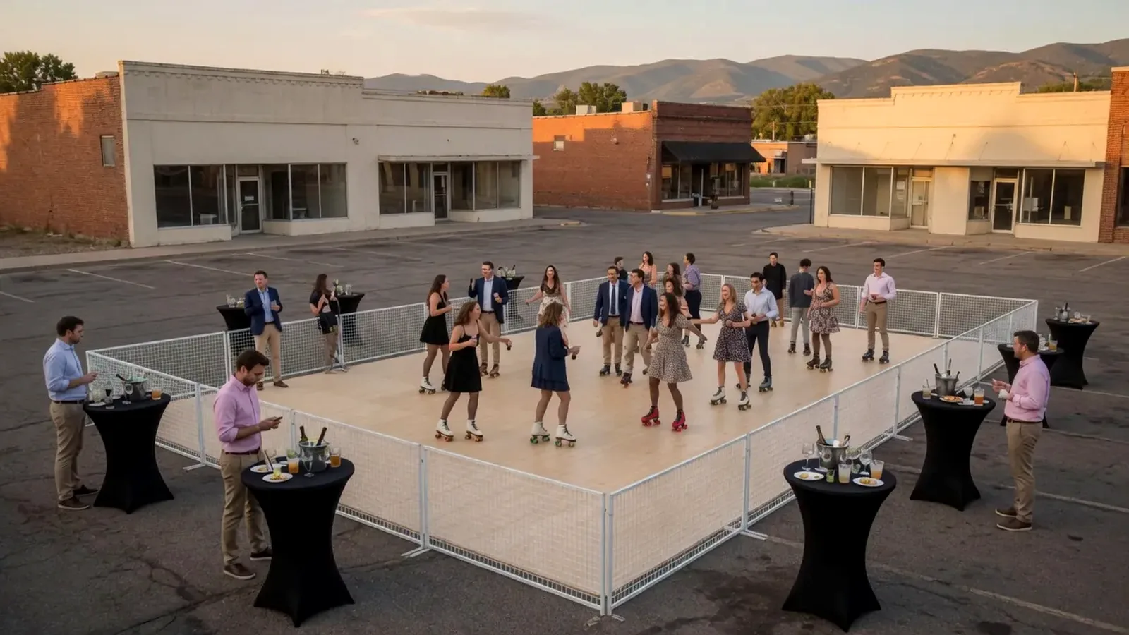 Portable roller rink boards and floor staged for temporary event setup