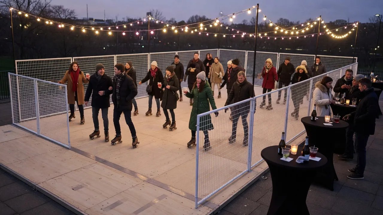 Editorial photo of a portable roller rink setup near a Albany-style event pad; not a specific venue