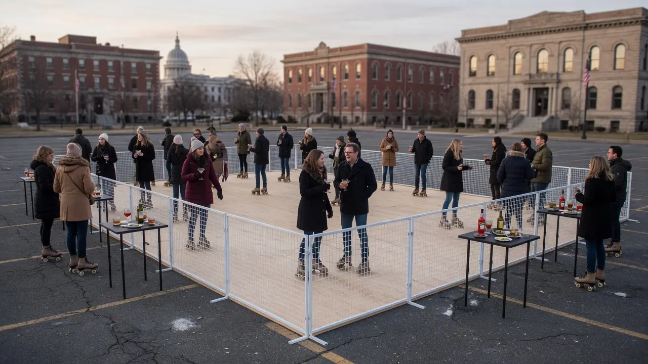 Editorial photo of a portable roller rink in a Albany-style setting; not a specific venue