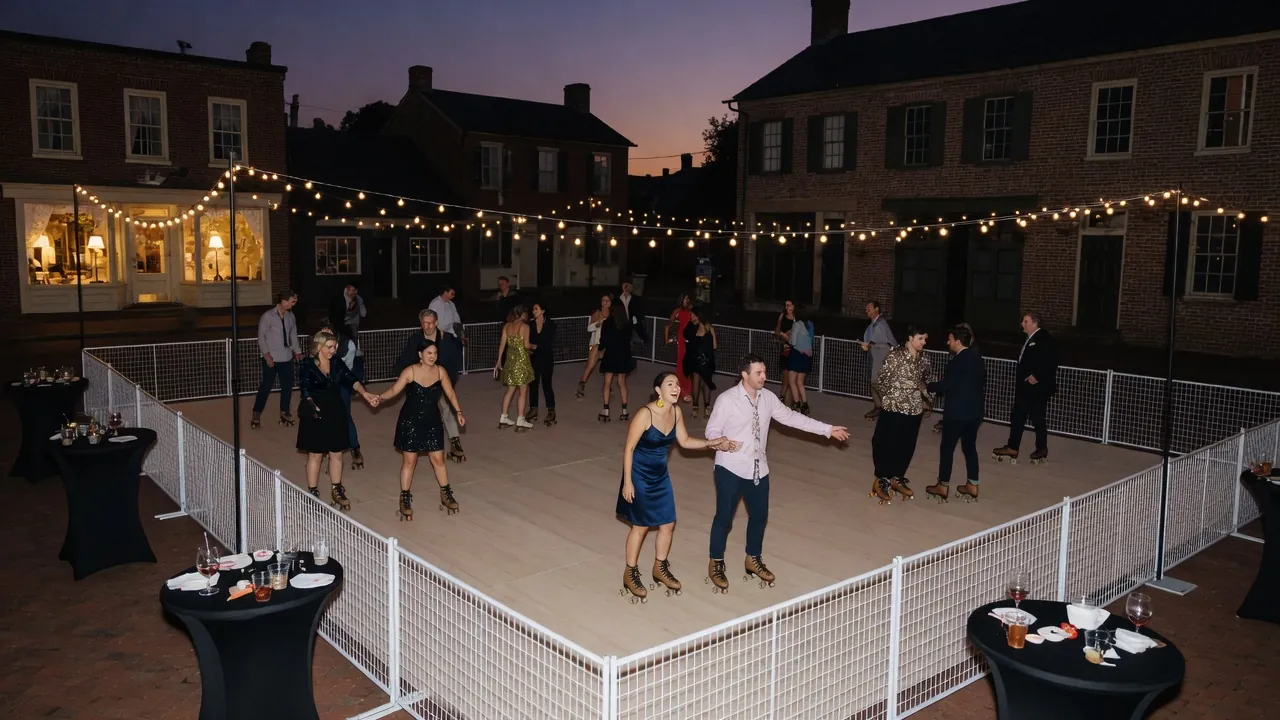Guests skating on a modular roller floor inside a covered event venue