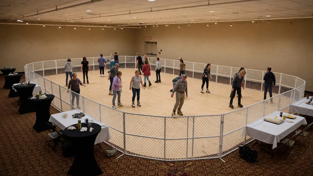 Editorial photo of a portable roller rink in a retail-lot stall grid; not a specific Allentown venue