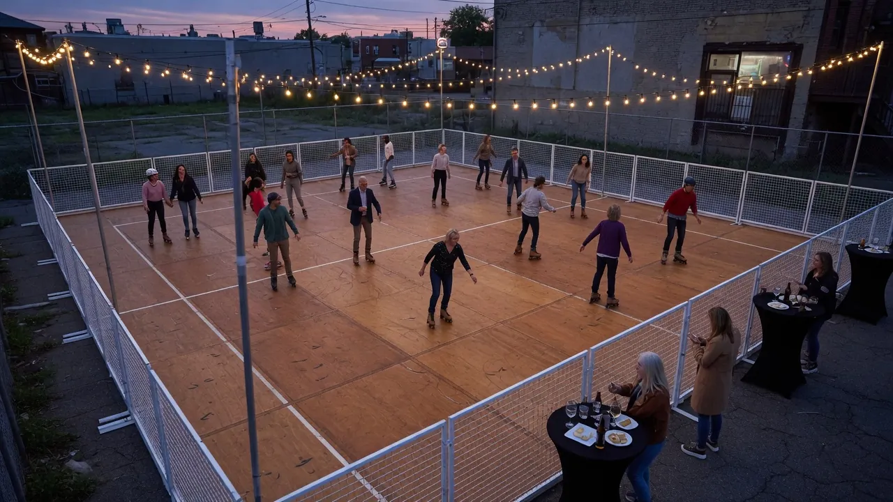 Editorial photo of a portable roller rink setup near a Allentown-style event pad; not a specific venue