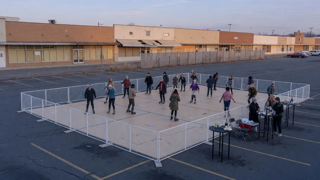 Editorial photo of a portable roller rink on a downtown shopping street winter market; not a specific Allentown venue