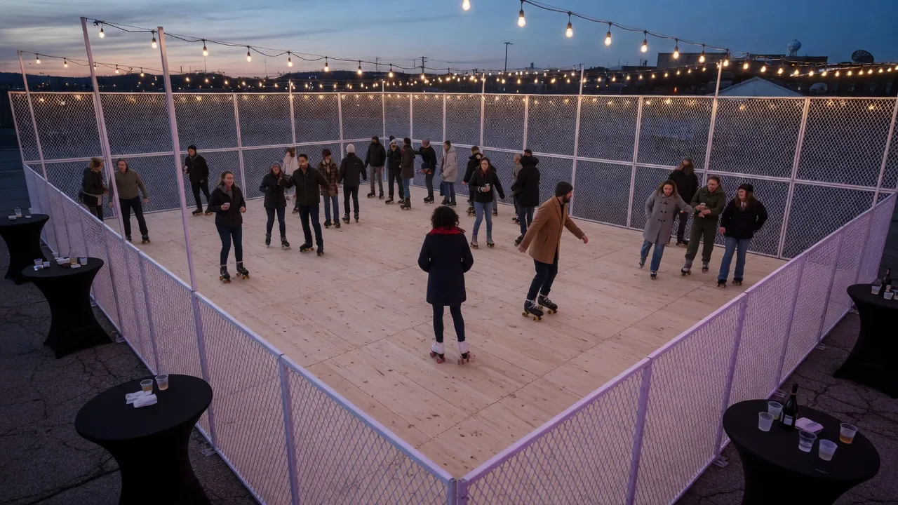 Editorial photo of a portable roller rink setup near a Altoona-style event pad; not a specific venue